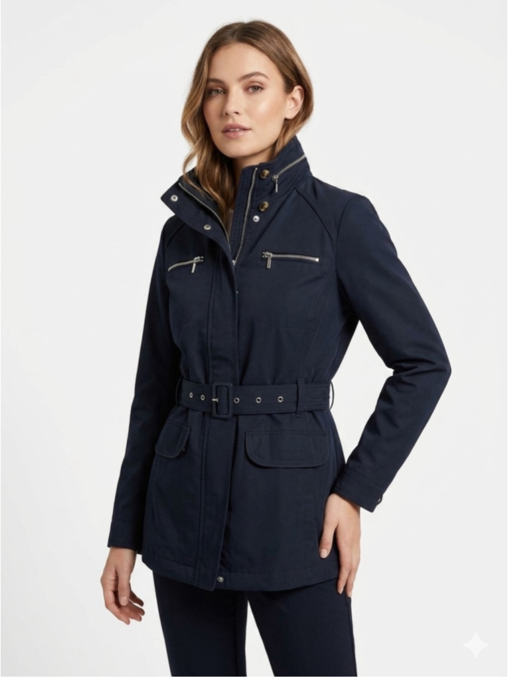Women's Geox Respira Lightweight Utility Jacket Belted Blue Trench Coat Size 10